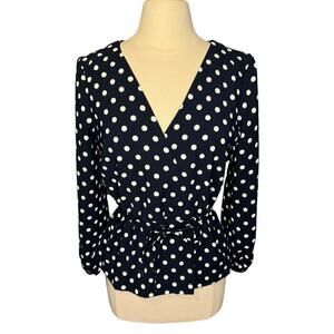 J.Crew Polka Dot Long Sleeve Peplum Blouse, Navy Blue White Size Medium
